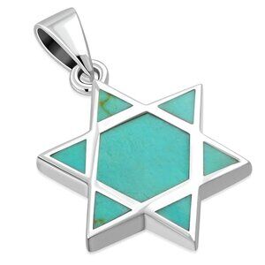 Men's/Unisex Star of David Pendant Real Turquoise in 925 Silver with Cha…